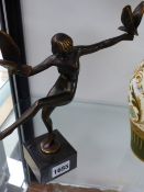 A BRONZE FIGURE OF A FEMALE NUDE HOLDING TWO DOVES WITH MARBLE BASE. HEIGHT OVERALL 25cms