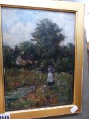 LATE 19TH.C.ENGLISH SCHOOL RURAL COTTAGE WITH FOREGROUND LADY FEEDING DUCKS OIL ON PANEL. 30x22cms.