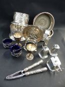 THREE SILVER CRUETS, A TOAST RACK ETC AND OTHER SILVER PLATED ITEMS TO INCLUDE PAIRS OF COASTERS