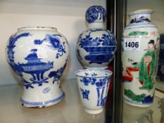 THREE PIECES OF CHINESE BLUE AND WHITE, TWO VASES AND A TEA BOWL AND A FAMILLE VERTE CYLINDER FORM