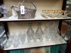 TWO PAIRS OF 19TH CENTURY SLICE CUT DECANTERS, VARIOUS FLUTES, RUMMERS AND LIQUEUR GLASSES, SOME