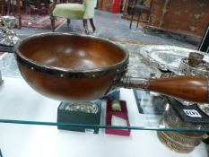 TURNED TREEN 19TH CENTURY "COLLECTION" BOWL WITH HANDLE, THE WHOLE WITH HALLMARKED SILVER MOUNTS AND