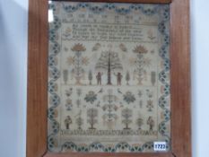 AN EARLY 19TH.C.NEEDLEWORK SAMPLER OF ADAM AND EVE DESIGN BY CAROLINE CORNFORD, 1831.