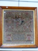 A VICTORIAN NEEDELWORK SAMPLER SIGNED ELLEN BLATCHAR, DATED 1859 DECORATED WITH FLOWER SPRAYS AND