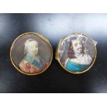 TWO MINIATURE PORTRAITS OF GENTLEMEN IN 17TH.C. COSTUME. D.5cms.