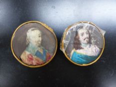TWO MINIATURE PORTRAITS OF GENTLEMEN IN 17TH.C. COSTUME. D.5cms.