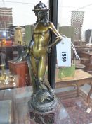 AN ANTIQUE BRONZE OF DAVID AFTER DONATELLO ON MARBLE BASE. OVER ALL HEIGHT 29CM