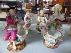 FOUR CONTINENTAL PORCELAIN FIGURES TO INCLUDE SOME BY MEISSEN, TWO SALTS AND A BOY AND GIRL.