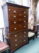 A GEO.III.AND LATER MAHOGANY AND SATINWOOD BANDED TALLBOY CHEST ON CHEST WITH DENTAL MOULDED CORNICE