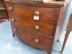 AN EARLY 19TH.C.MAHOGANY AND INLAID BOW FRONT CHEST OF THREE DRAWERS WITH THREE QUARTER GALLERY.