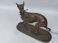 E. DELABRIERRE (FRENCH 1829-1912) A WHIPPET, SIGNED BRONZE. 15CM HIGH