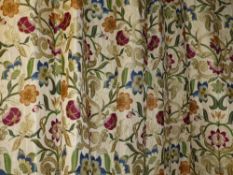 TWO PAIRS OF LINED FLORAL TAPESTRY CURTAINS WITH IVORY BACKGROUND AND STYLISED BIRDS AND FLOWERS.