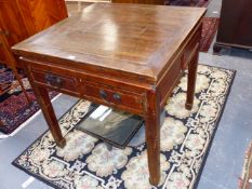 A CHINESE CARVED TWO DRAWER SQUARE CENTRE TABLE. 84CM WIDE X 83CM HIGH.