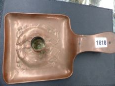 A COPPER ARTS AND CRAFTS CHAMBERSTICK WITH FISH DECORATION, POSSIBLY NEWLYN.