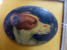 A PAIR OF 19TH.C.OVAL MINIATURE PORTRAITS OF DOGS, OIL ON COPPER. 4x5cms.