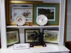 AN INTERESTING COLLECTION OF HORSE RACING AND SPORTING PRINTS AND WATERCOLOURS, SIGNED AND DECORATED