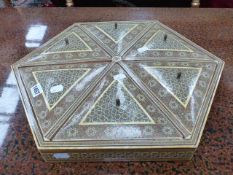 AN INDO PERSIAN HEXAGONAL SECTIONAL BOX WITH OVERALL ELABORATE MULTI COLOURED GEOMETRIC INLAY. D.