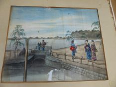 AN ORIENTAL EXPORT PAINTING ON RICE PAPER OF FIGURES BY A LAKE. 30 X 38CM