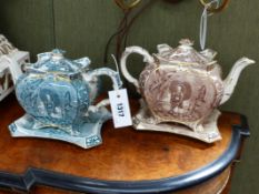 TWO BURGESS & LEIGH VICTORIAN POTTERY TEAPOTS AND STANDS, ONE GREEN, ONE BROWN WITH GILT