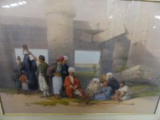 TWO HAND COLOURED LITHOGRAPHS OF EASTERN SCENES AFTER DAVID ROBERTS, ENTRANCE TO THE TEMPLE AT