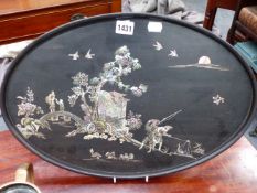 A CHINESE EXPORT MOTHER OF PEARL INLAID OVAL HARDWOOD TRAY. 49CM WIDE