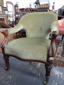 A MID 19TH.C.TUB ARMCHAIR WITH CARVED ROSEWOOD SHOW FRAME.