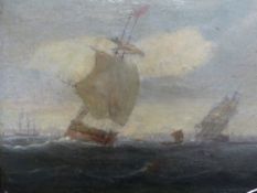 19TH.C.ENGLISH SCHOOL, SHIPPING OFF A HEADLAND IN STOMY SEAS, OIL ON CANVAS. 25x43cms.