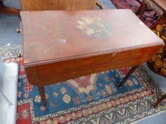 A 19TH.C.MAHOGANY SHAPED TOP PEMBROKE TABLE WITH NEO CLASSIC POLYCHROME FIGURAL AND FOLIATE