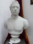 AN ANTIQUE PLASTER PORTRAIT BUST OF A YOUNG MAN LABELLED FLOSI SAGE COLBERT, PARIS. H.72cms