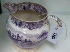 A VICTORIAN COMMEMORATIVE RAILWAY POTTERY JUG WITH PURPLE TRANSFER DECORATION DEPICTING THE ENTRANCE