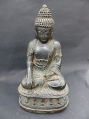 A CHINESE MING BRONZE FIGURE OF BUDDHA ON A LOTUS FORM BASE. 34CM HIGH.