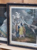 TWO 18TH.C.HAND COLOURED COMIC FASHION PRINTS BY CARRINGTON BOWLES IN EBONISED FRAMES.