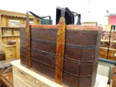 A LARGE ORIENTAL WICKER WORK SECTIONAL STORAGE BOX WITH CARVED AND PAINTED FRAME.