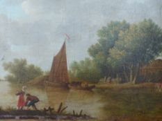 AN OLD MASTER PAINTING OF A RIVER SCENE , OIL ON CANVAS. 38x58cms.