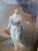 AN OLD MASTER PAINTING OF A CLASSICAL MUSE HOLDING A JUG, OIL ON CANVAS. 52x39cms.