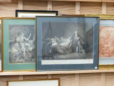 SIX VARIOUS FRAMED OLD MASTER PRINTS TO INCLUDE LANDSCAPES AND FIGURAL SUBJECTS.