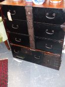 A JAPANESE IRON MOUNTED CHEST/CABINET, THREE LONG DRAWERS WITH LOCKING BAR. ABOVE A DEEP DRAWER
