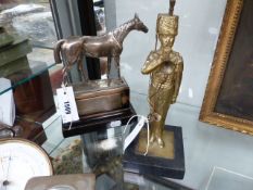 SILVER COLOURED METAL FIGURE OF A RACE HORSE MOUNTED ON A HARDWOOD PLINTH VARIOUSLY INSCRIBED.