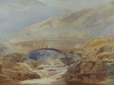 A 19TH.C.ENGLISH SCHOOL HIGHLAND WATERFALL WATERCOLOUR . 43x58cms. AND ANOTHER OF A RURAL COTTAGE,