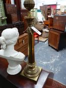 A VICTORIAN TAPERED COLUMN BRASS LAMP BASE, LATER ELECTRIFIED. OVERALL HEIGHT 61CM