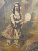 19TH CENTURY ORIENTALIST SCHOOL. PORTRAIT OF AN EASTERN YOUNG LADY HOLDING A TAMBOURINE. OIL ON