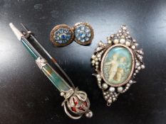 A LATE 19TH CENTURY SEED PEARL SET MEMORIAL LOCKET/BROOCH WITH HAND-PAINTED CHERUB MINIATURE