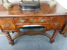 AN 18TH.C AND LATER WALNUT LOWBOY WITH THREE DRAWERS OVER BARLEY TWIST LEGS AND PLATFORM STRETCHER.