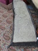 A LONG EASTERN CUSHION OR BOLSTER CREWEL WORK PANEL IN METALLIC THREAD. OVER ALL LENGTH 160CM