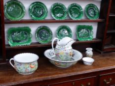 A COPELAND SPODE JUG AND WASH BOWL SET WITH POLYCHROME PHOENIX BIRD DECORATION AND NINE MOULDED