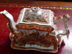 A BURGESS & LEIGH VICTORIAN POTTERY TEAPOT AND STAND WITH UNUSUAL SHAPED FORM DECORATED WITH AN