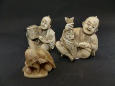 THREE JAPANESE CARVED IVORY NETSUKE, A BREAD SELLER, A FISH MONGER AND A KNEELING SAGE, ALL WITH