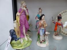 THREE DERBY TYPE PORCELAIN FIGURES, A CLASSICAL MUSE, DIANA OF THE HUNT AND A BOY WITH A DOG, A