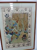TWO INDO PERSIAN DESIGN FRAMED WATERCOLOURS DEPICTING COURTIERS ON A TERRACE AND A TRAVELLING SCENE.