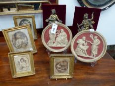 FOUR 18TH/19TH.C.GILT FRAMED PRINTS, A PAIR OF ARTS AND MUSIC BRASS PUTTO APPLIQUES AND A PAIR OF